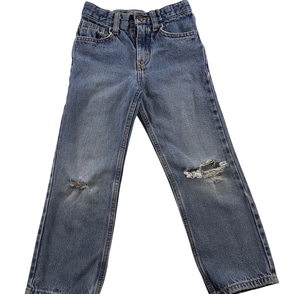 Cat & Jack Boys Relaxed Straight Leg Distressed Blue Jeans Sz 6 Adjustable Waist